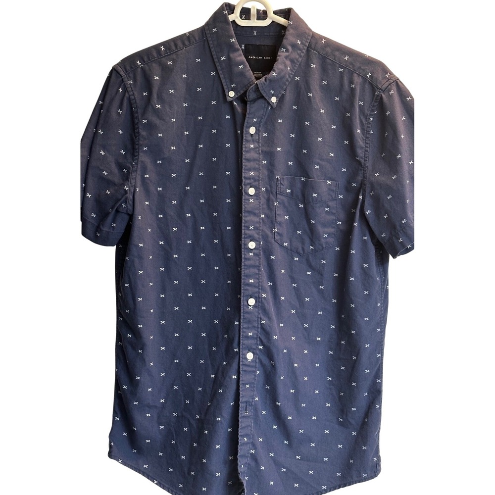 American Eagle Mens Navy Blue Embroidered Cross Short Sleeve Button Down Shirt M